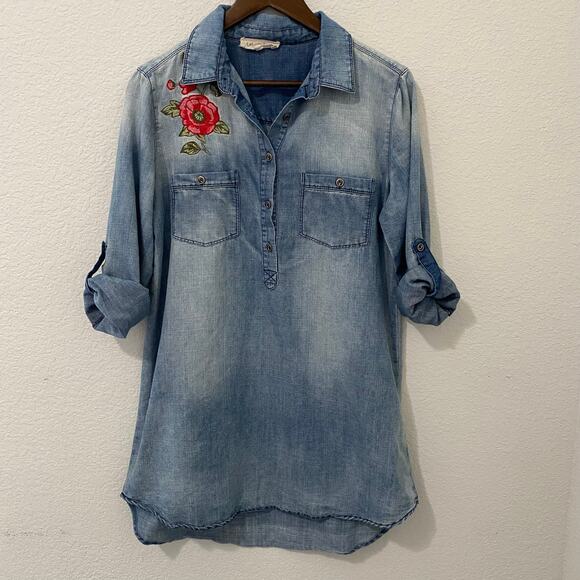 En Creme Tops - En Creme Womens S Embroidered Floral Chambray Denim Shirt Tunic Long Sleeve